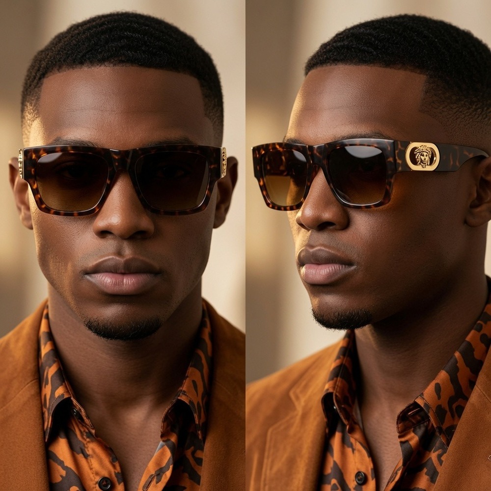 Mens Oversized Square Tortoise Sunglasses Bold Animal‎ Motif Gold Havana Shape